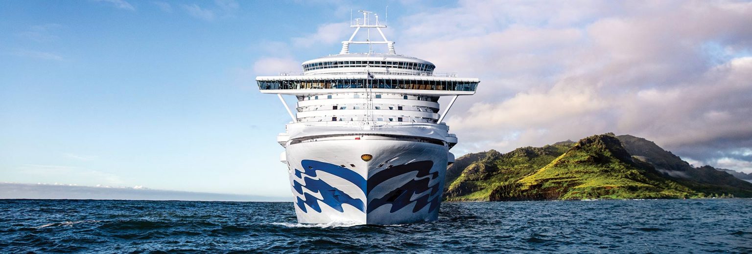 Front view of a cruise ship sailing at sea